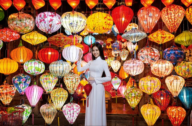 Colorful hanging lanterns in Hoi An old town market, a highlight before sunrise fishing tour