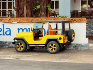  Jeep Wrangler in bright paint coat ready to take tourists to red sand dunes in Mui Ne-a popular surfing and tourist destination in Vietnam 