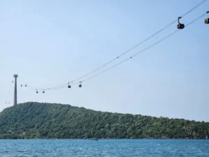 Cable cars taking tourists over the sea in  Phu Quoc Island, a popular holiday destination in Vietnam 