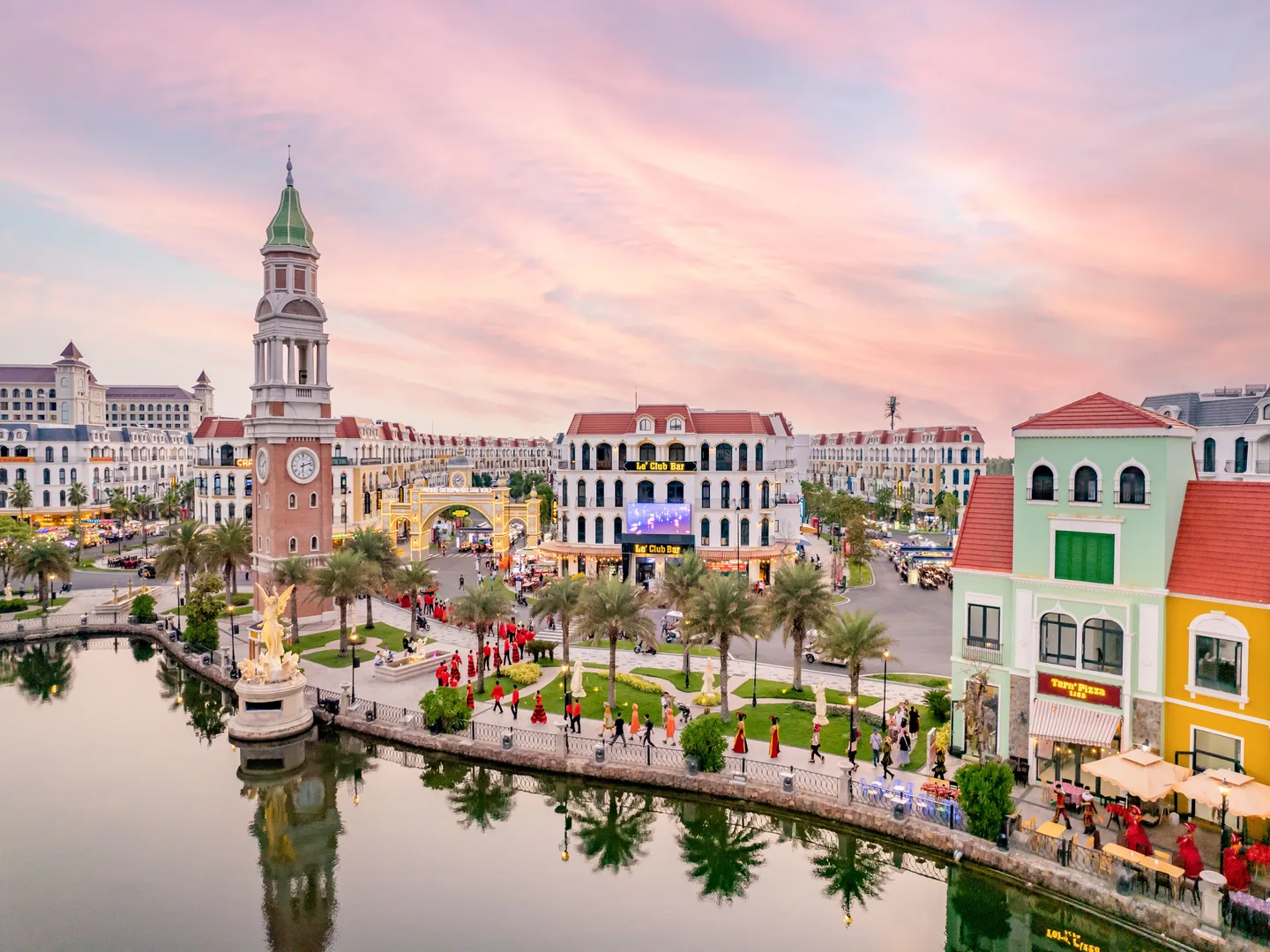  Aerial shot featuring European village atmosphere and architecture of Grand World Phu Quoc- a popular tourism destination in Vietnam 