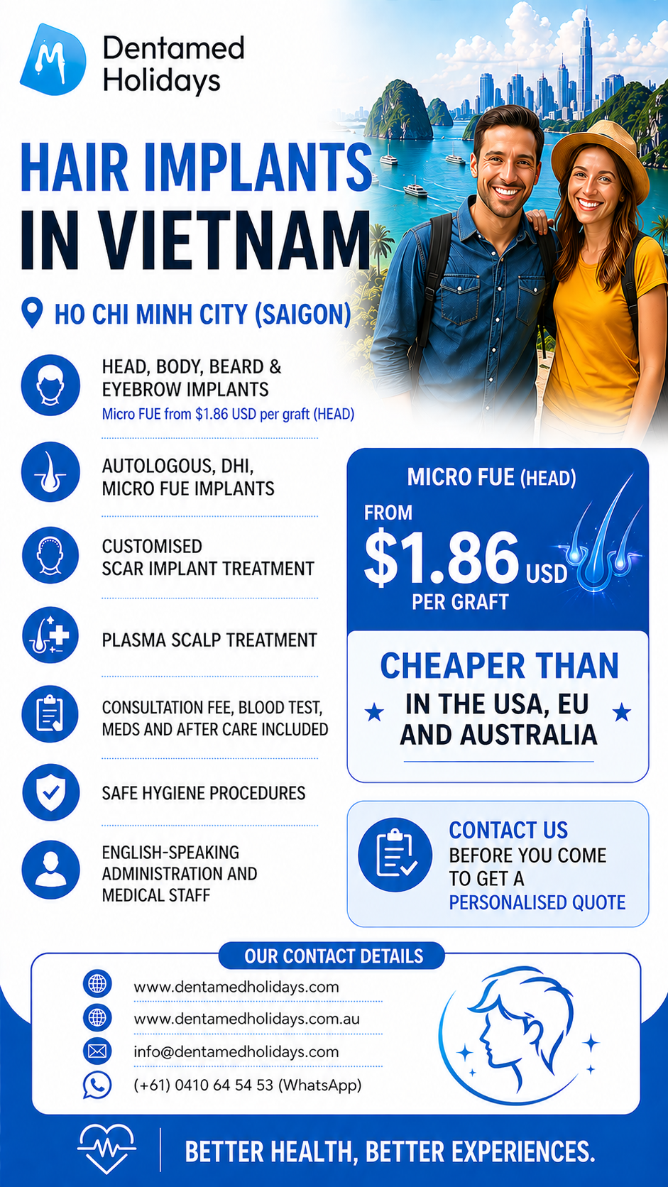 Hair implants in Vietnam with DentaMed Holidays, including Micro FUE hair transplant services in Ho Chi Minh City